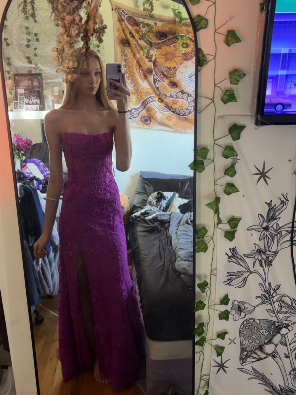 Sherri Hill Strapless Fuchsia Lace Evening Gown
